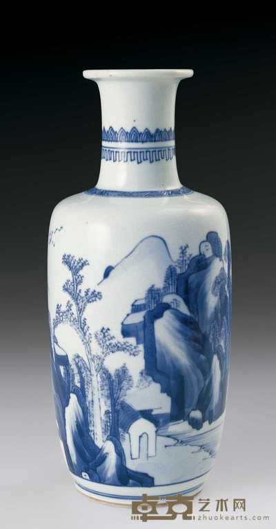 清康熙 青花山水图瓶 高25cm